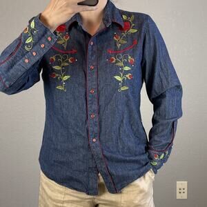 Ranger's Womens Fitted Rose Embroidered Snap Western Shirt Size XL Blue Denim